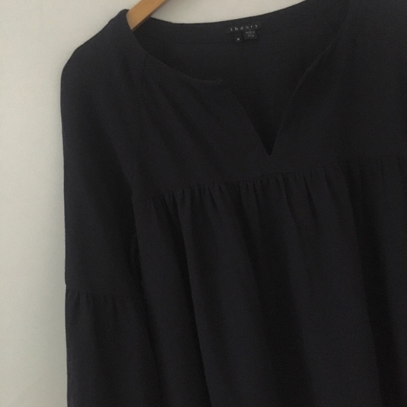 Theory Wool Crepe Navy Babydoll Split Neck Dress w/ Bell Sleeves Medium - Picture 3 of 4